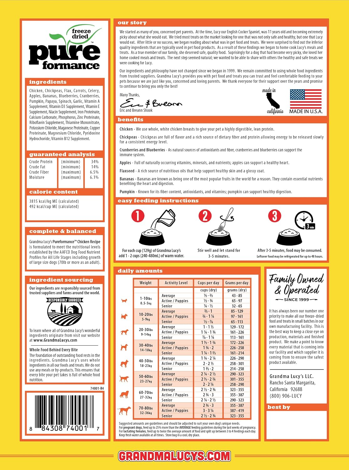 GrandmaLucy Pureformance Freeze Dried Grain Free Chicken Recipe Dog Food 1 Lbs (Pack of 2)