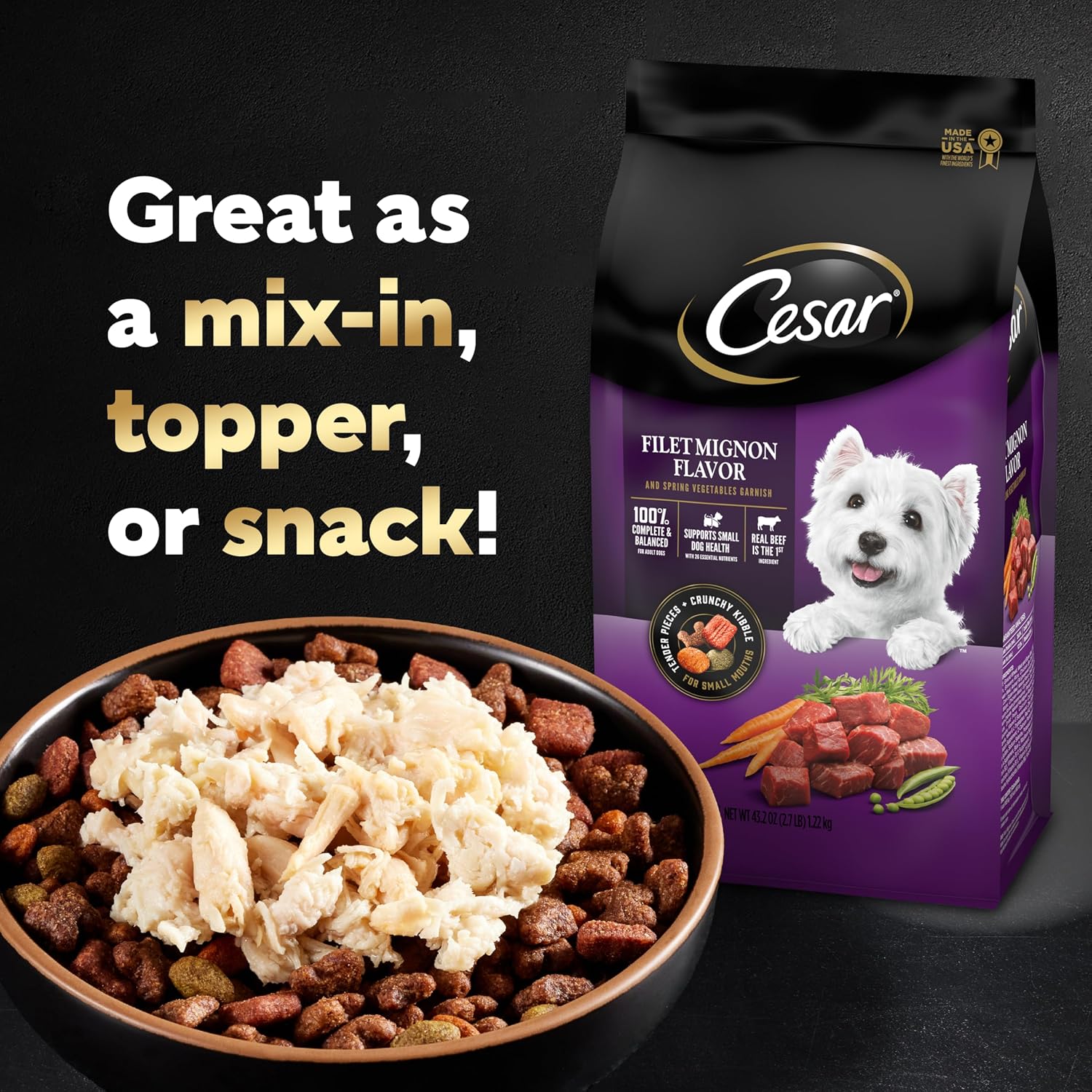 Cesar Simply Crafted Wet Dog Food Toppers, Chicken, 1.3 oz, 10 Count | Real chicken #1 ingredient, no by-products or artificial flavors, slow-cooked, easy to digest, single-serve tubs