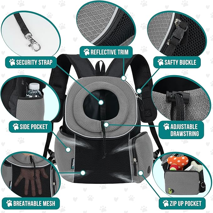 PetAmi Dog Front Carrier Backpack, Ventilated Adjustable Dog Pet Cat Chest Carrier Backpack, Dog Carrier for Hiking Camping Travel, Small Dog Puppy Medium Cat Carrying Bag, Max 14 lbs, Grey