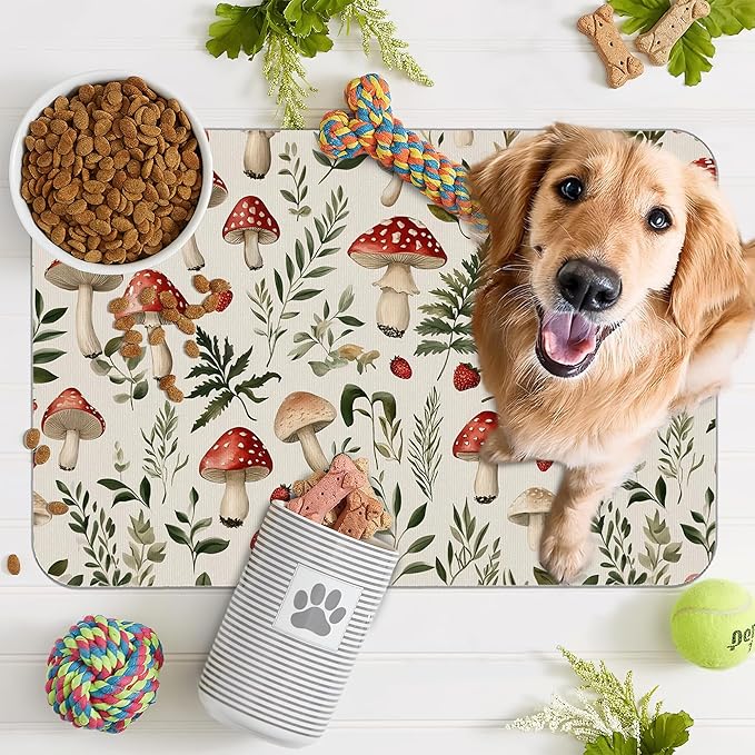Red Mushroom Pet Feeding Mat,Fern Herb Berries Absorbent Quick-Dry Cat Dog Food and Water Bowl Mats,Non-Slip Rubber Backing Mat,Cat Dog Accessories Supplies 12"x20"