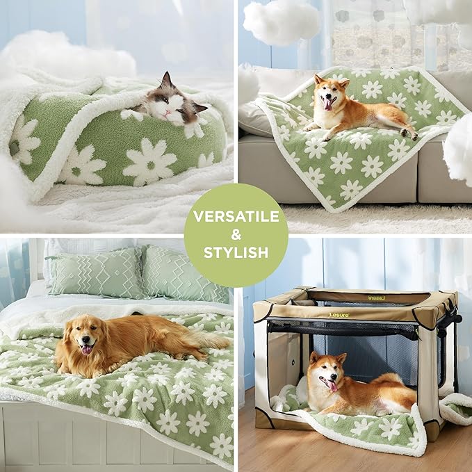 LE SURE Waterproof Dog Blanket for Large Dogs - Washable Double Sided Dog Blankets with Warm Jacquard Shag and Soft Sherpa Fleece, Pet Cat Blanket for King Bed Protection, 3D Textured Flower, Green