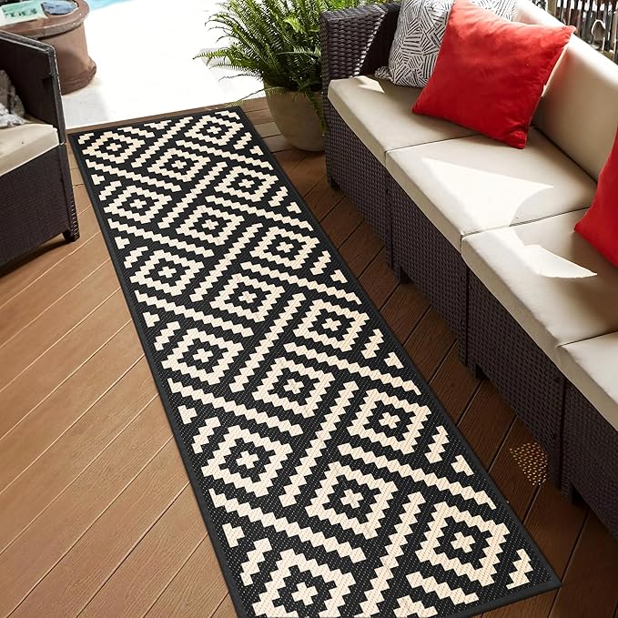 GENIMO Outdoor Rug 2.5'x8' Waterproof, Reversible Camping Mat, Plastic Straw Rugs for Patio, RV, Camper, Balcony, Backyard, Picnic, Deck (Black & Beige)