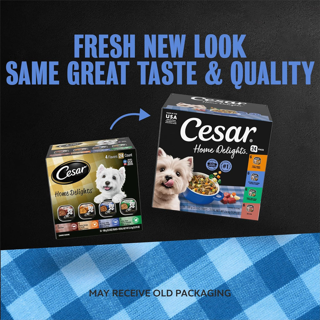 Cesar Home Delights Wet Dog Food, Dinner and Stew Variety, 3.5 oz, 24 Count | Real meat #1 ingredient, no fillers, no added sugar, no artificial flavors, complete & balanced, easy peel trays