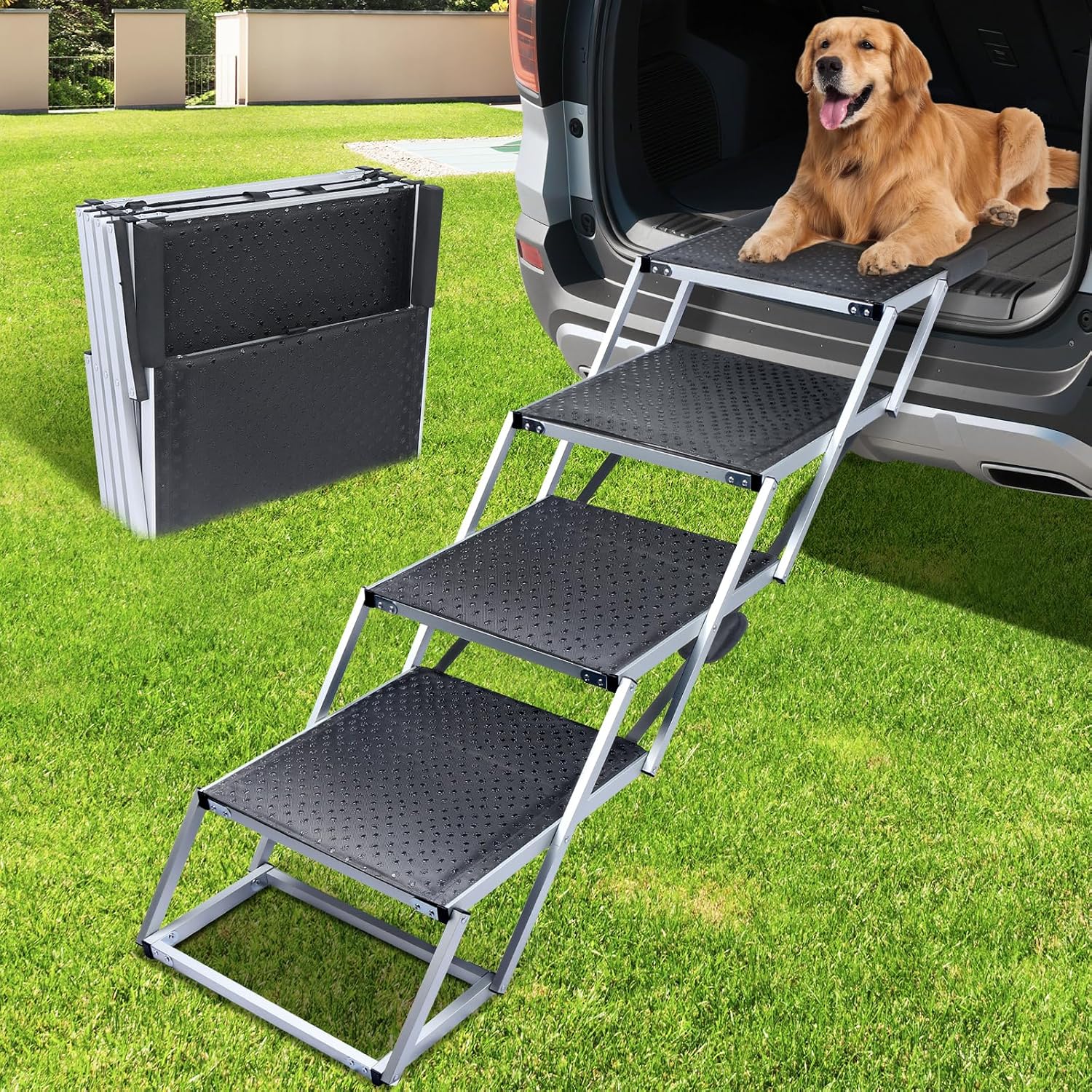 Dog Stairs for Large Dogs, Extra Wide Dog Ramp for Car with Non-Slip Surface, Folding Dog Car Ramp for SUV & Car, Outdoor, Supports up to 250 lbs, 4 Steps