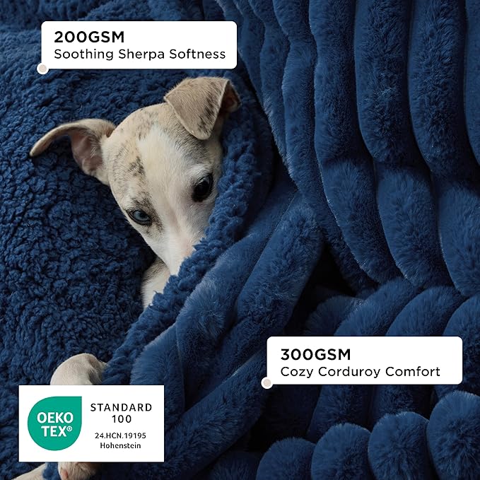 Bedsure ComfyFleece™ Waterproof Dog Blankets for Small Dogs - Soft Puppy Cat Blanket Corduroy Fleece Washable, Cozy Calming Reversible Furniture Protection for Pet Kitten Doggy,25"x35", Navy Blue