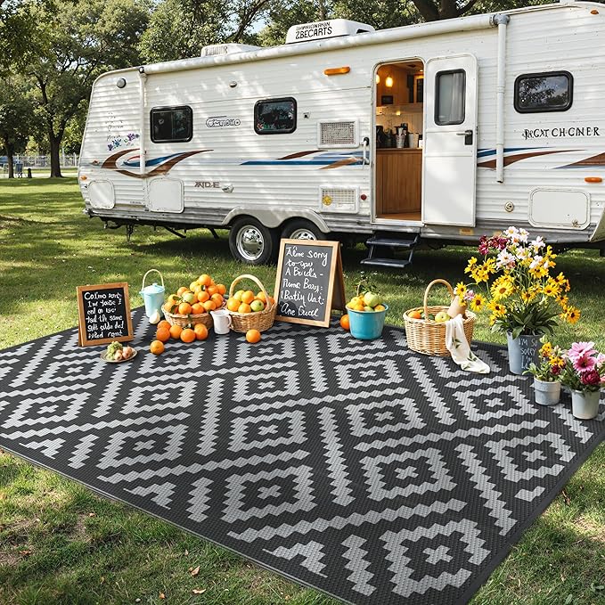 GENIMO Outdoor Rug for Patio Clearance,6'x9' Waterproof Mat,Reversible Plastic Camping Rugs,Rv,Porch,Deck,Camper,Balcony,Backyard,Black & Gray