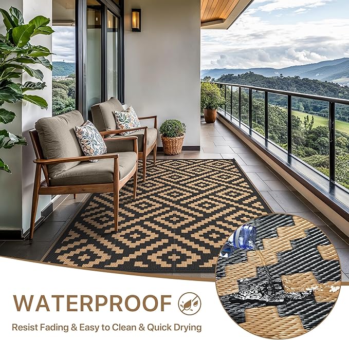 GENIMO Outdoor Rug for Patio Clearance,9'x12' Waterproof Large Mat,Reversible Plastic Camping Rugs,Rv,Porch,Deck,Camper,Balcony,Backyard (Black & Brown)