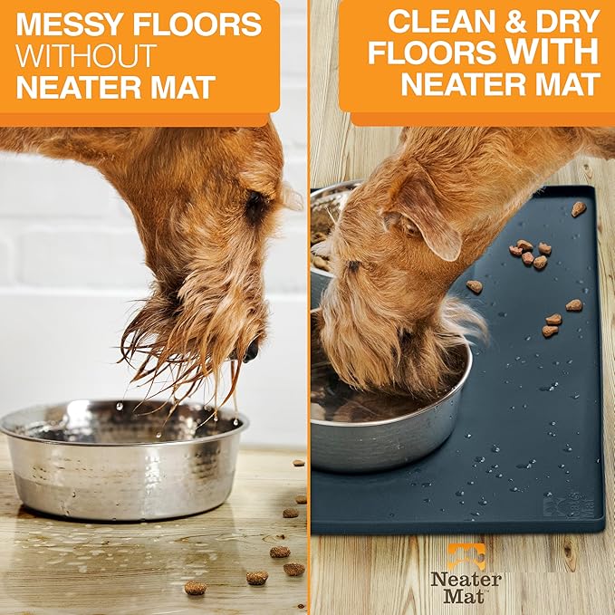 Neater Pet Brands Neater Mat Pet Mats for Food and Water, Cat & Dog Bowl Mat Waterproof Silicone, Feeding Tray, Dog Food Mats for Floors, Placemat w/Raised Edge for Under Bowls, 19” x 12”, Slate Blue