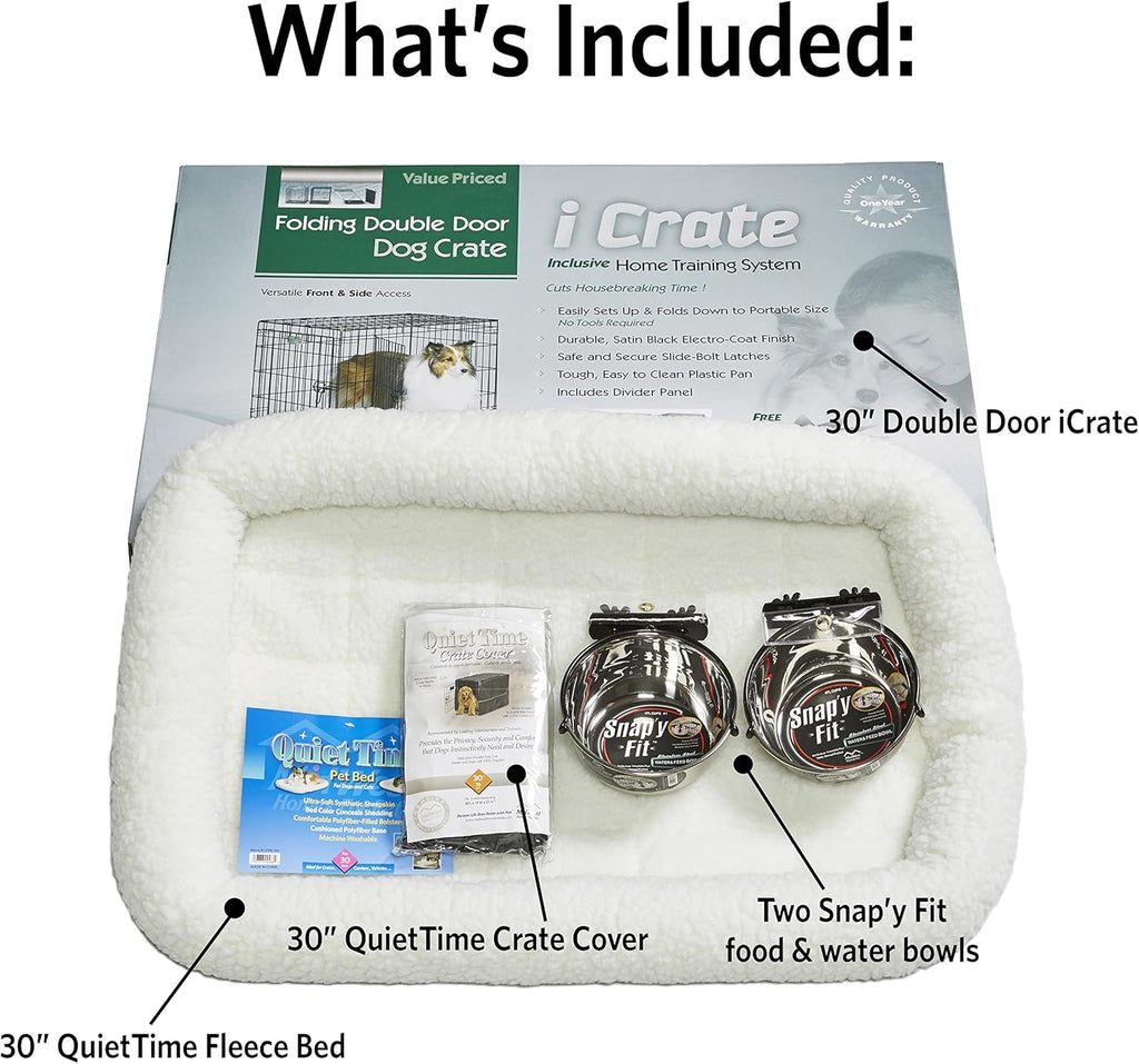 MidWest Homes for Pets Double Door iCrate Starter Kit, 30-inch Dog Crate Bundle for Medium Breeds, Includes Cage, Pet Bed, 2 Bowls and Privacy Cover