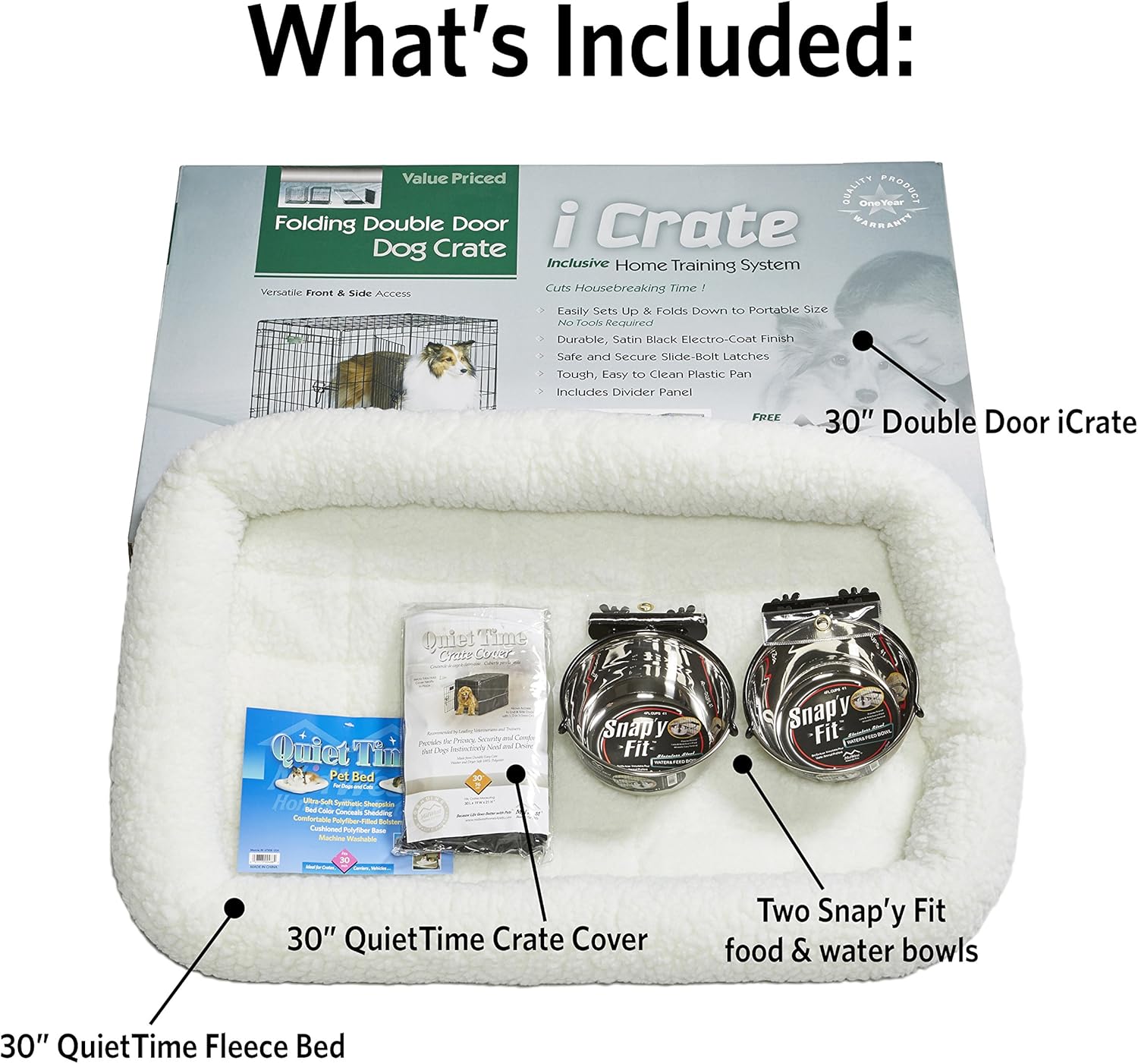 MidWest Homes for Pets Double Door iCrate Starter Kit, 30-inch Dog Crate Bundle for Medium Breeds, Includes Cage, Pet Bed, 2 Bowls and Privacy Cover