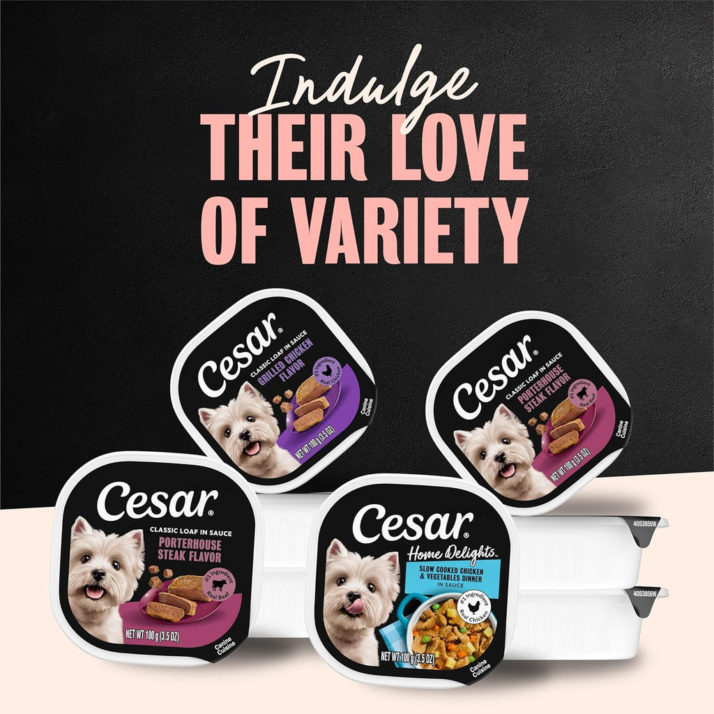 Cesar Home Delights Wet Dog Food, Dinner and Stew Variety, 3.5 oz, 24 Count | Real meat #1 ingredient, no fillers, no added sugar, no artificial flavors, complete & balanced, easy peel trays