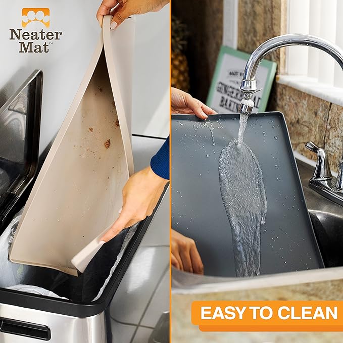 Neater Pet Brands Neater Mat Cat & Dog Food Mat, Waterproof & BPA-Free Silicone Placemat with Raised Edge for Under Food and Water Bowls, 16" x 10", Midnight Black