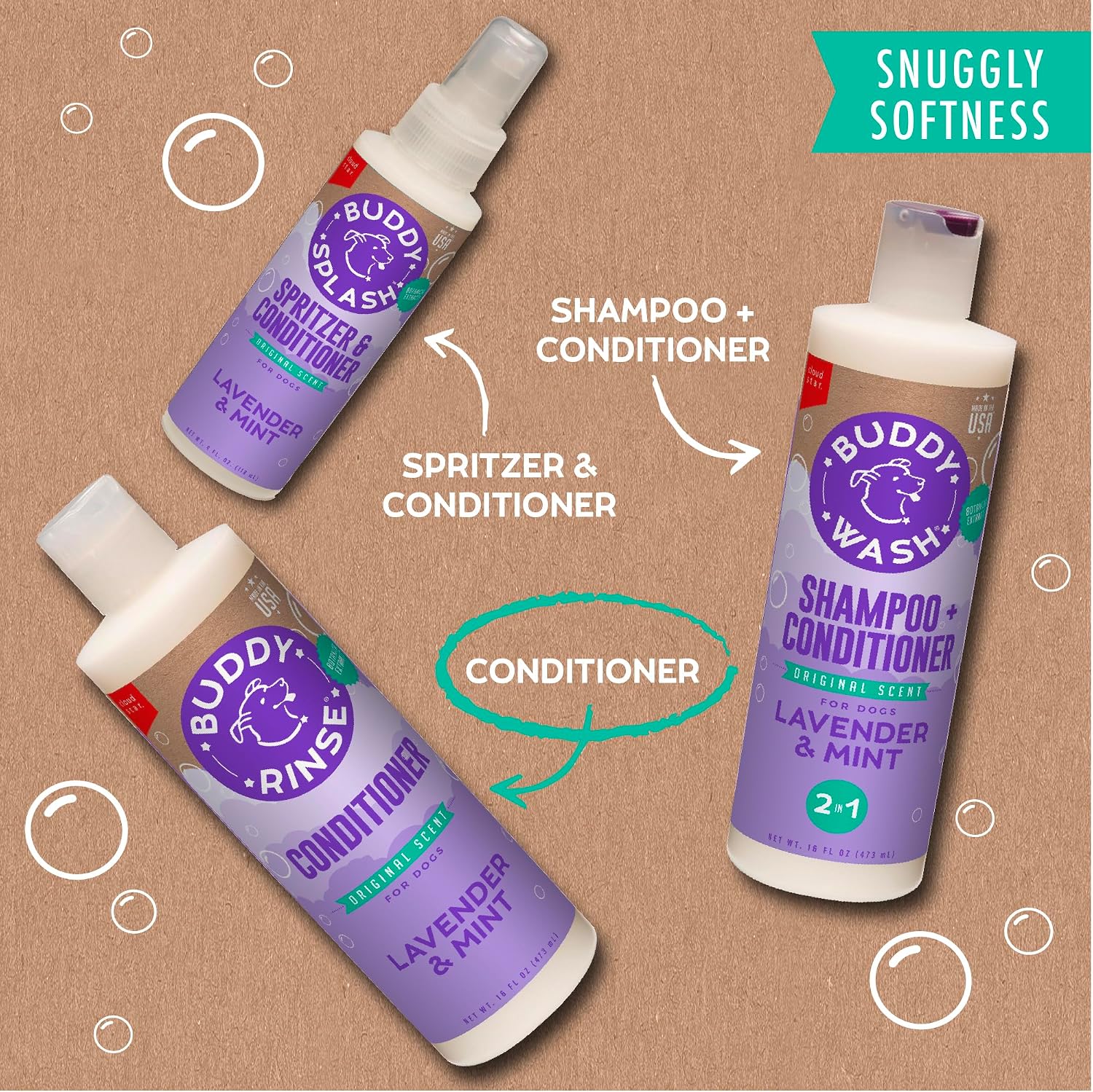 Buddy Rinse Conditioner for Dog Grooming Dog, Lavender & Mint, 16 oz. Bottle