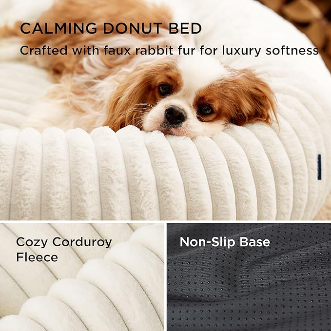 Bedsure ComfyFleece™ Donut Small Dog Bed - Dog Beds for Small Dogs with Corduroy Fleece & Anti Slip Bottom, Round Faux Fur Pet Beds with Washable Removable Cover, Cream, 27x27x8 inches