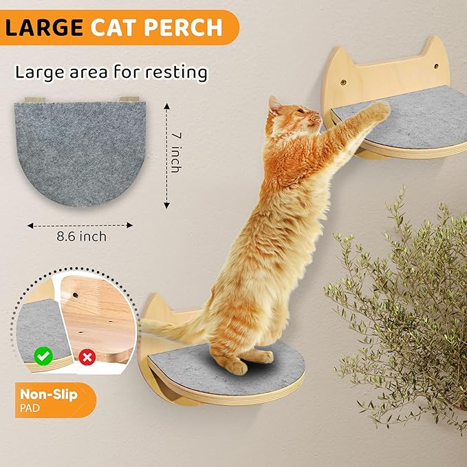 Cat Wall Shelves with 3 Steps – Modern Wood Wall Mounted Furniture, Climber & Perch Shelf for Cats up to 30lbs – Sturdy Floating Bed for Large Cats