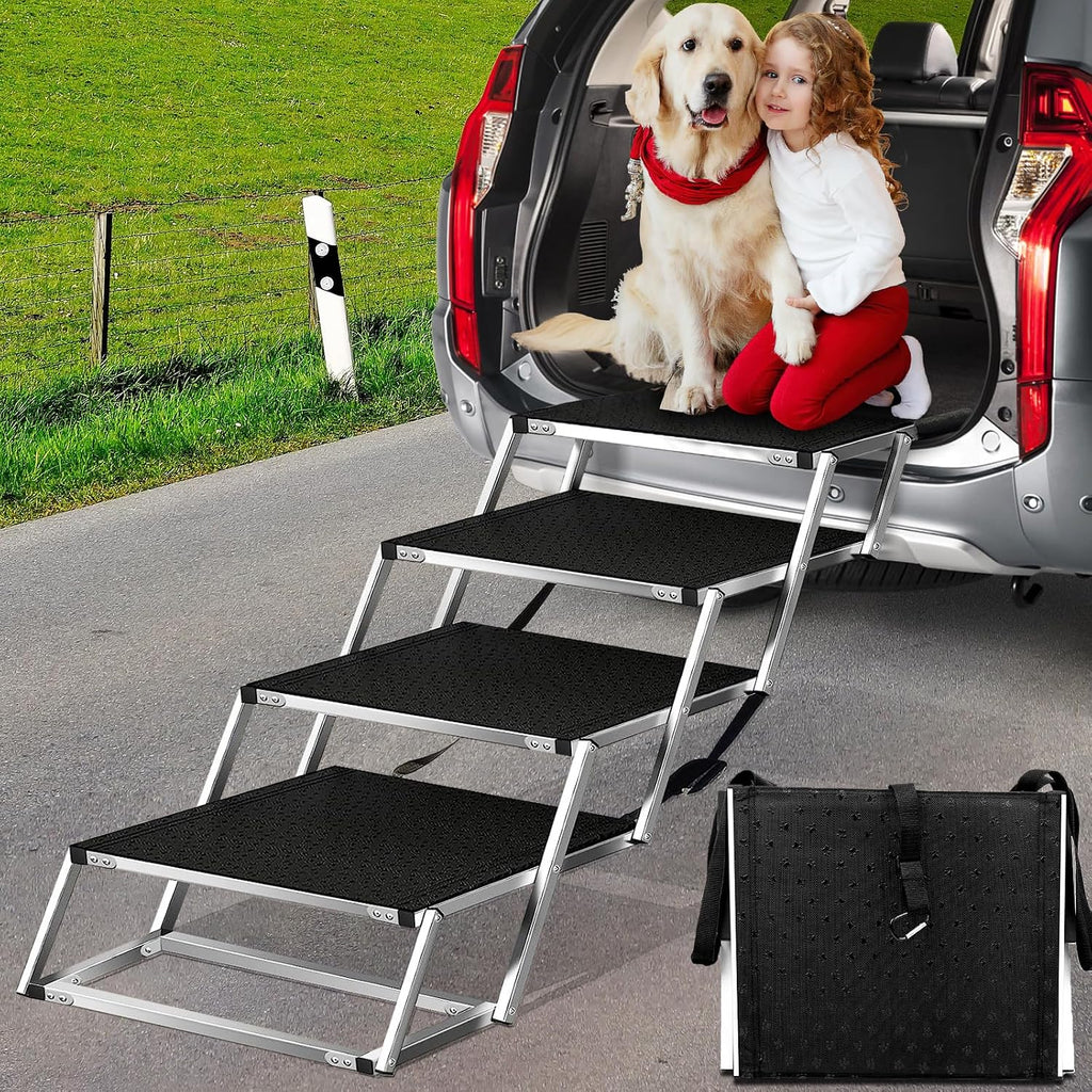 Dog Stairs for Large Dogs,Dog Stairs for Cars,Foldable Dog Ramp Pet Steps Light Weight Aluminum,Extra Wide Dog Stair for Large Dogs,High Beds, Trucks, Supports up to 200 lbs (Extra Wide-4 Steps)