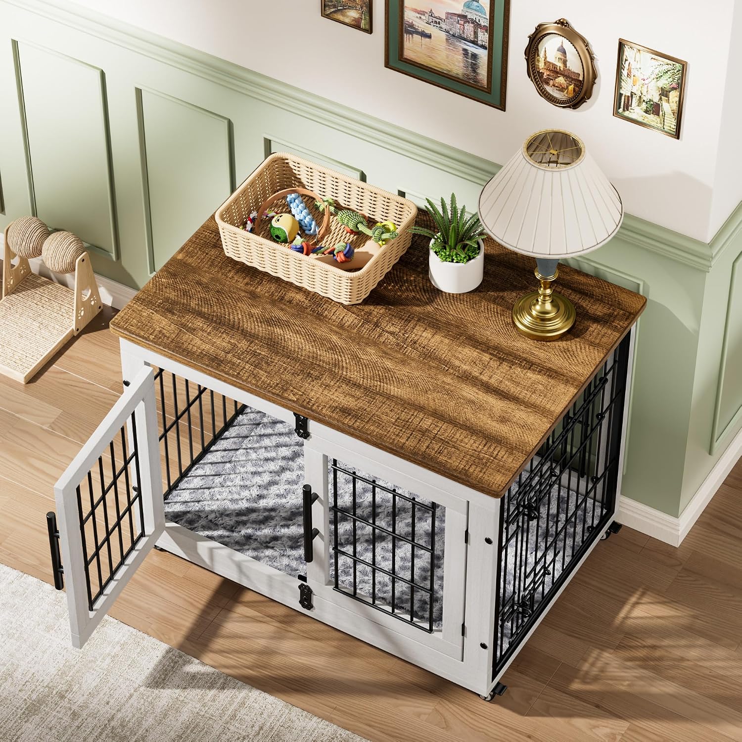 Medium Dog Crate Furniture, 32'' Heavy Duty Kennel w/Cushion & Wheels | White, Double Doors, Wooden Dog Cage, Chew-Resistant, End Table, Decorative, 27"/32"/38"/44" Options, Indoor