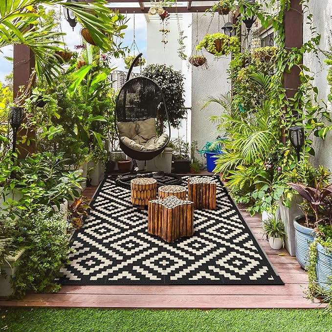 GENIMO Outdoor Rug for Patio Clearance,6'x9' Waterproof Mat,Reversible Plastic Camping Rugs,Rv,Deck,Porch,Camper,Balcony,Backyard (Black & Beige)