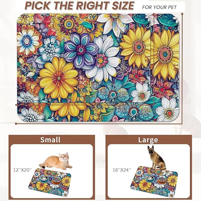 Floral Dog Food Mat for Floors,Cute Mandala Flower Absorbent Quick-Dry Pet Feeding Mat,Cat Dog Bowl Mats for Food and Water,Non-Slip Pet Accessories Supplies 16"x24"