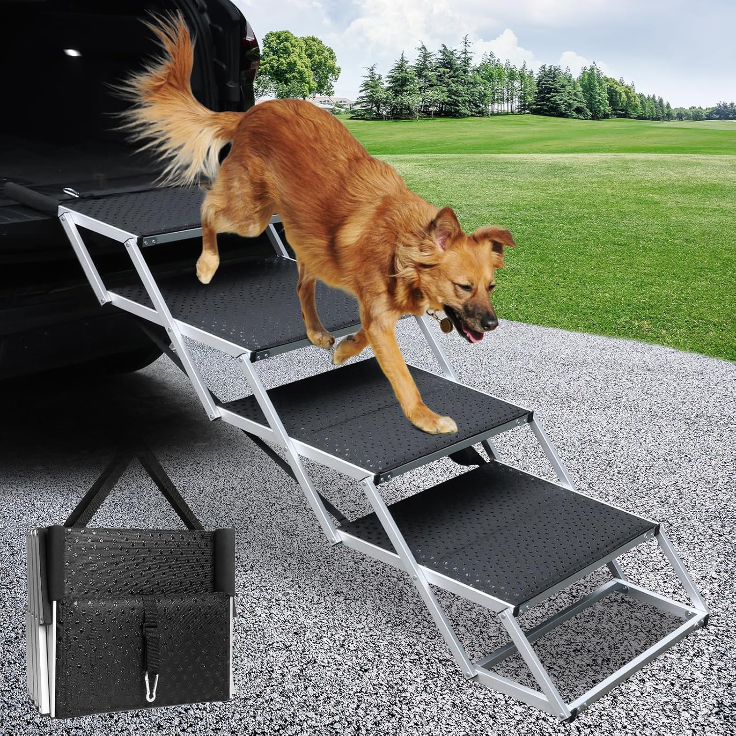 DGSL Folding Dog Stairs for Car, 16.9" Wide 4-Step Non-Slip Pet Steps | Portable Pet Stairs for Vehicle Access, Large Dogs, SUVs, Trucks and Home use