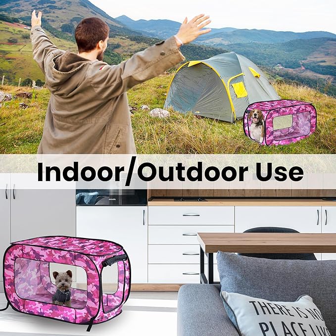 Beatrice Home Fashions Portable, Collapsible, Pop Up Kennel Travel Cat and Dog Crate, 40" L x 27" W x 27" H, Camo Pink