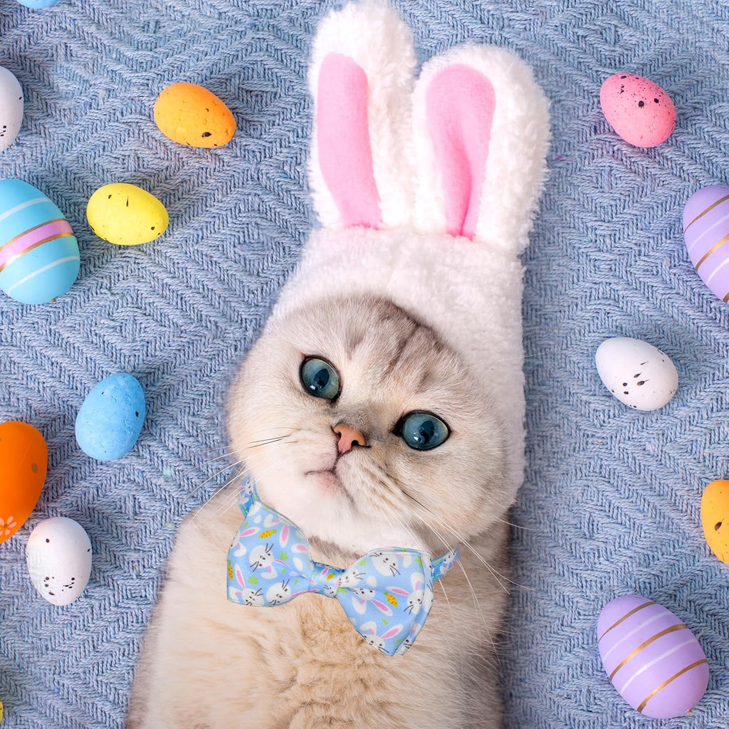 Easter Cat Collar with Bow Tie 2 Pack Adjustable Breakaway Safety Collars, Bunny and Easter Egg Patterns, Soft Nylon for Small & Medium Cats