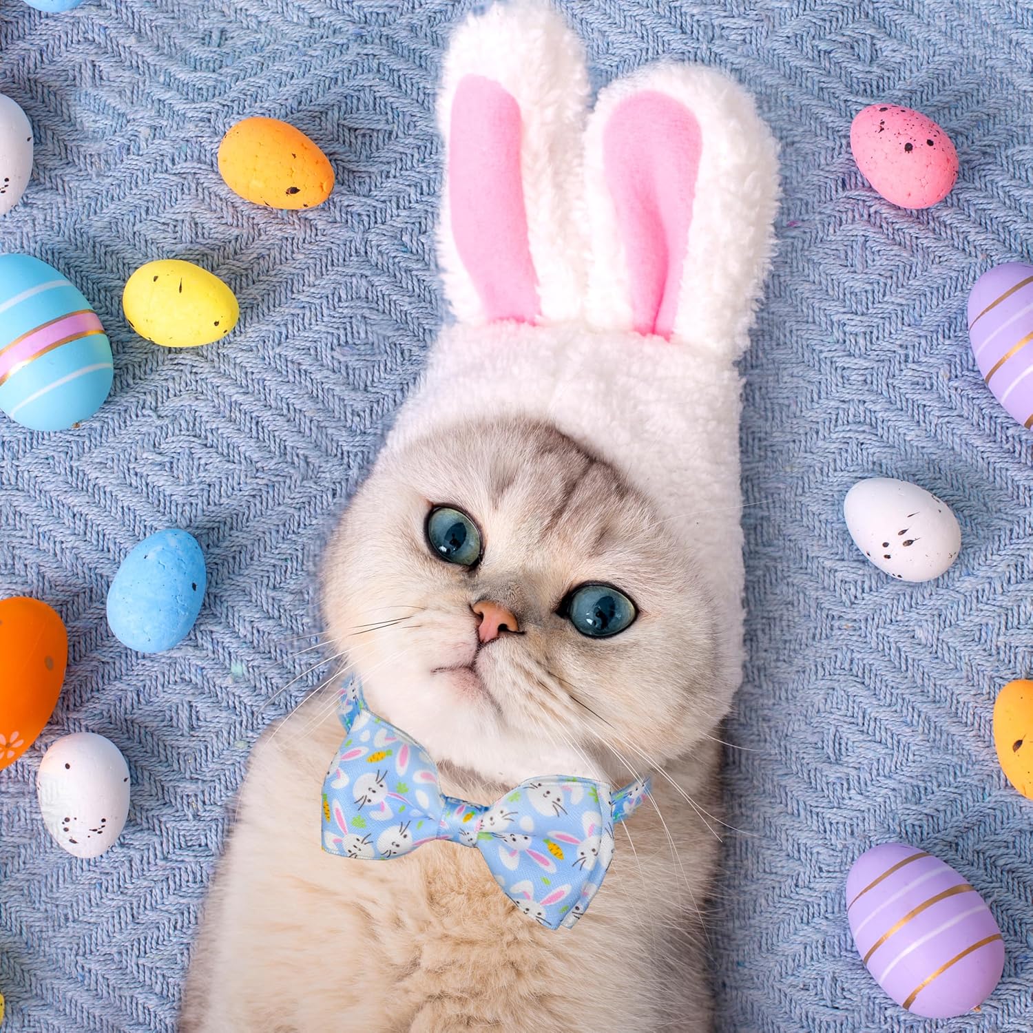 Easter Cat Collar with Bow Tie 2 Pack Adjustable Breakaway Safety Collars, Bunny and Easter Egg Patterns, Soft Nylon for Small & Medium Cats