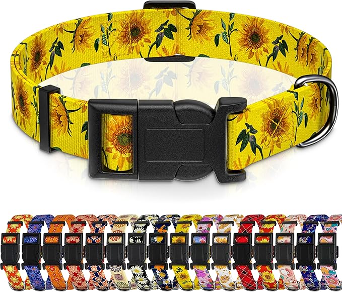 Dog Collar, Floral Puppy Collar for Small Medium Large Dogs, Adjustable Soft Pet Collar with Safety Buckle for Male Females(Yellow Sunflower,XL)