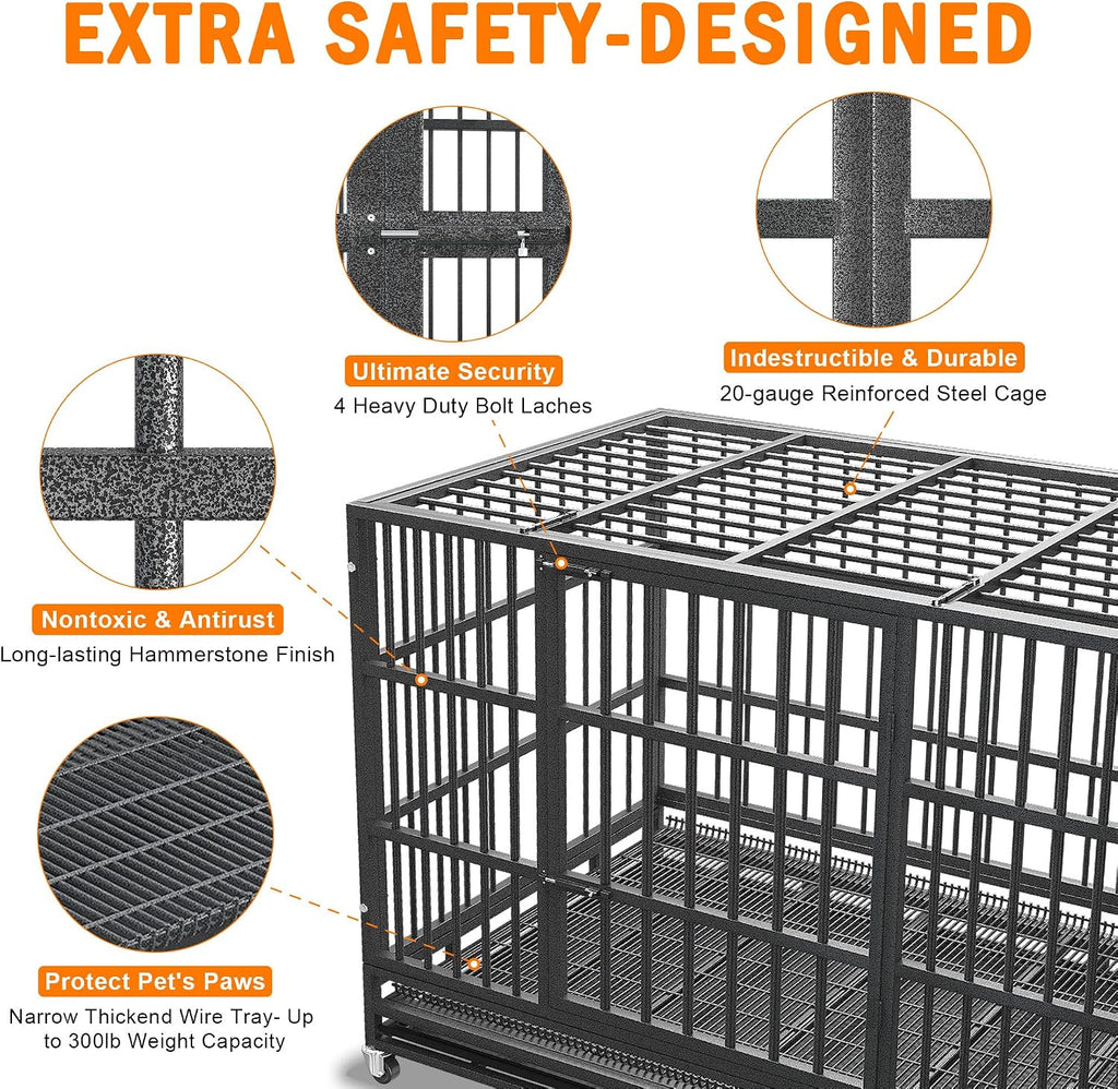 BOLDBONE 48 inch Heavy Duty Indestructible and Escape-Proof Dog Crate Cage Kennel for Large Dogs, High Anxiety Dog Crate with Removable Wire Trays and Wheels, Extra Large XL XXL, Black
