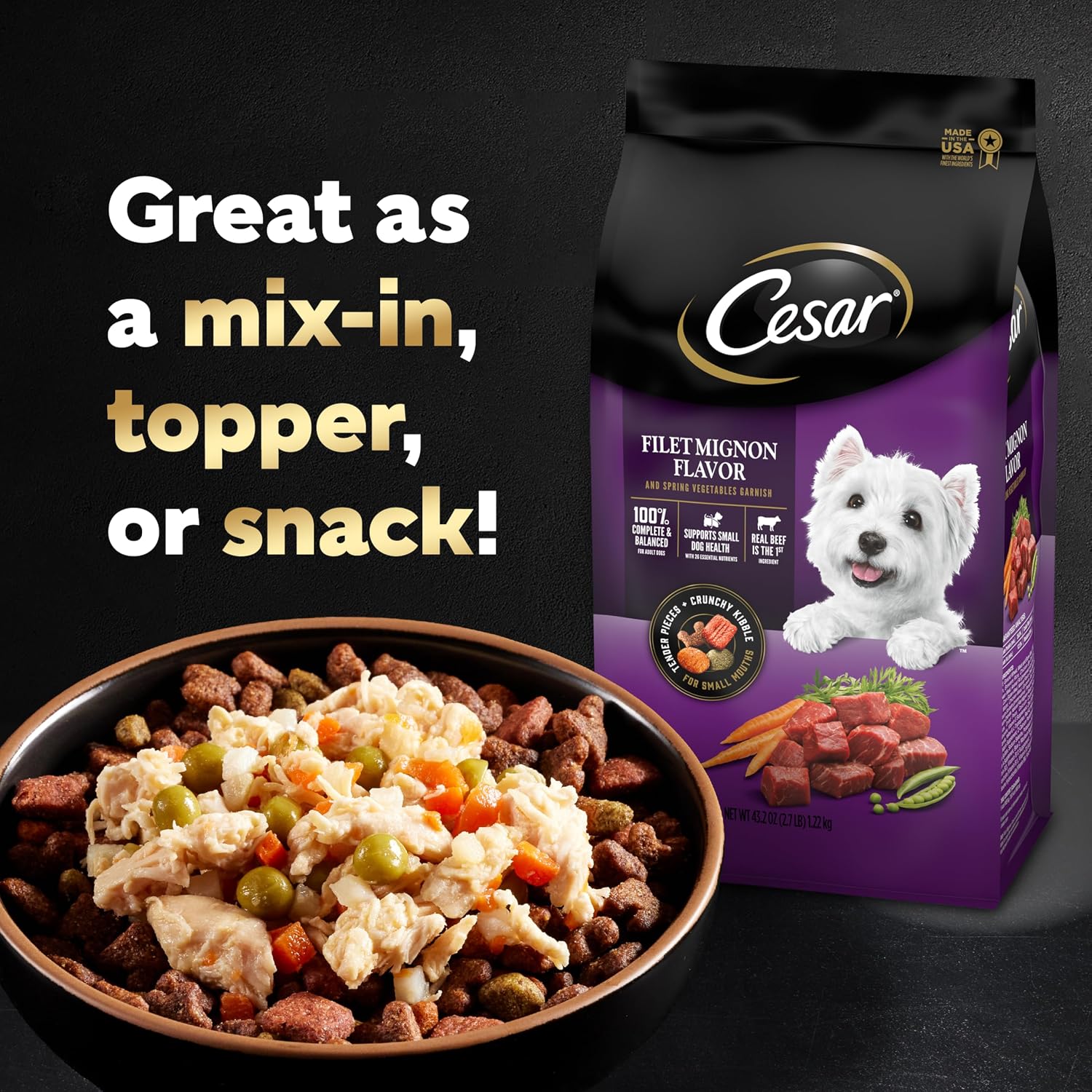 Cesar Simply Crafted Dog Food Topper, Chicken Pack, 1.3 oz, 8 Count, 2-Pack | Real chicken #1 ingredient, 5 key ingredients or less, slow-cooked, mix with food or serve alone, mess-free single-serve tubs