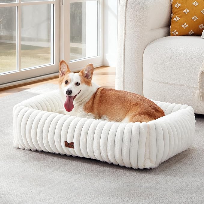 Washable Dog Bed for Small Medium Dogs - Rectangle Orthopedic Corduroy Fleece Pet Bed with Removable Cover and Nonskid Bottom, Calming Puppy Bed Soft Pet Sofa, Cream(35x25x9inchs)