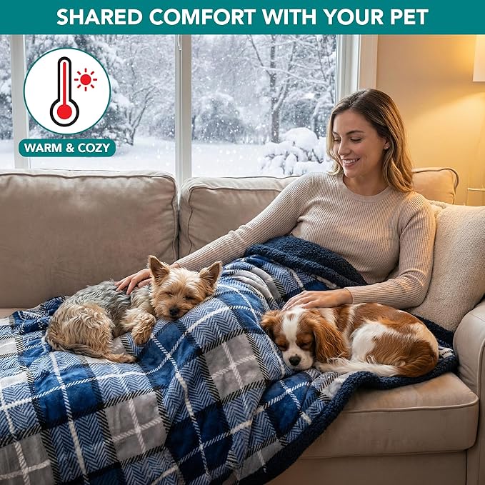 PetAmi Waterproof Dog Blanket for Medium Large XL Dog Puppy Cat Throw for Couch Cover Leakproof Protection, Sherpa Fleece, Reversible Soft Washable 80x60 Plaid Navy Blue