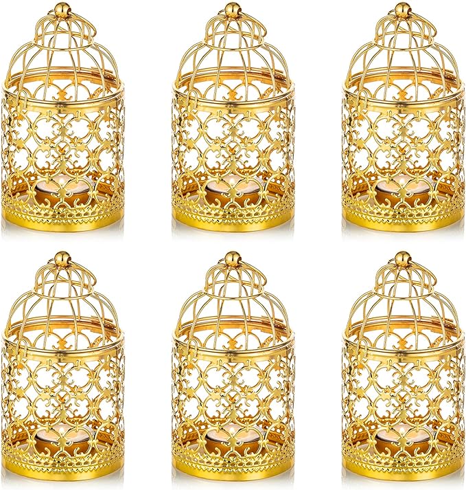 6 Pcs Small Metal Tealight Hanging Birdcage Lantern, Vintage Decorative Centerpieces of Wedding, Party, Gold