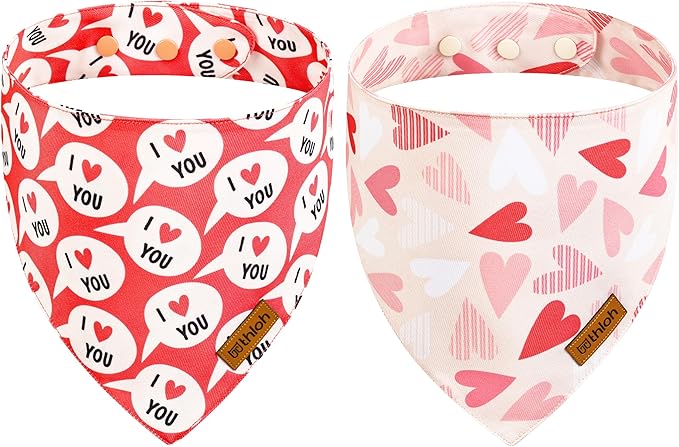 Valentines Dog Bandanas with Snap Button - 2 Pack Reversible Heart Dog Scarf for Boy & Girl, Premium Durable Fabric, Pet Bandana for Large and Extra Large Dogs (X-Large)