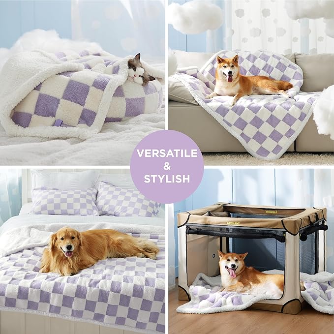 LE SURE Waterproof Dog Blanket for Medium Dogs - Washable Double Sided Dog Blankets with Warm Jacquard Shag and Soft Sherpa Fleece, Pet Cat Blanket for Couch Protection, 3D Textured Checks, Purple