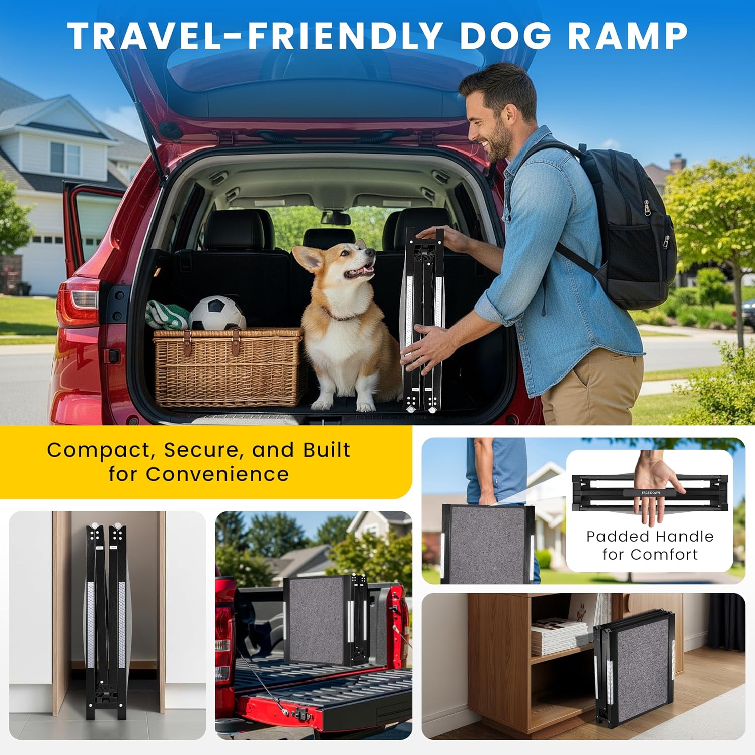 Dog Ramp for Car - 71" L x 17" W Portable Dog Ramp for Car | Foldable, Compact, Cars, Trucks, SUVs, Beds, Sofas, Anti-slip Feet, Traction Carpet, 250 lbs Capacity, for Small to Large