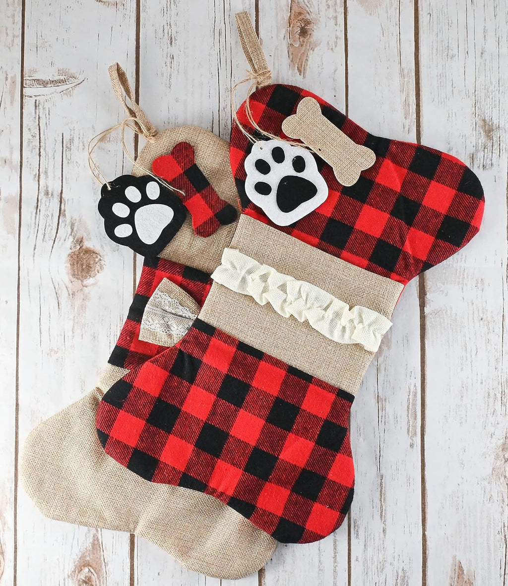 Christmas Plaid Pet Stocking - Buffalo Plaid Doggy Bone Puppy Dog Paw 2 pc