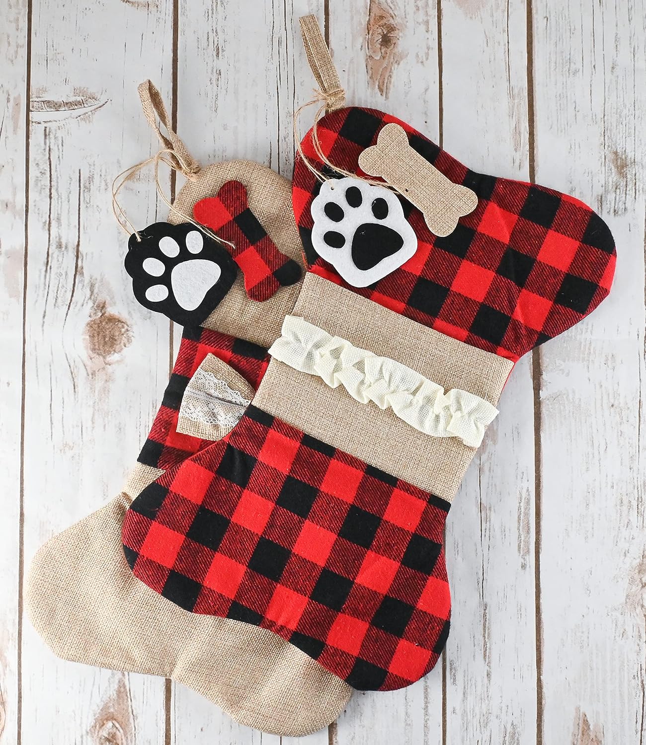 Christmas Plaid Pet Stocking - Buffalo Plaid Doggy Bone Puppy Dog Paw 2 pc