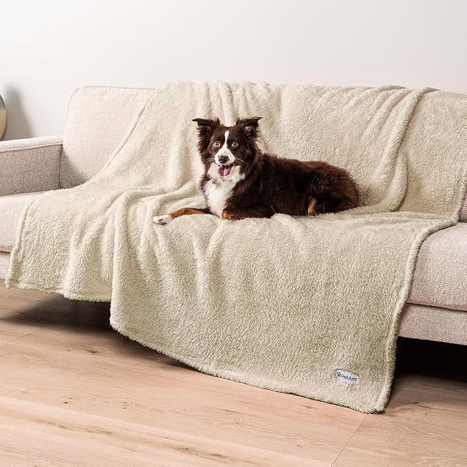 PetAmi Fluffy Waterproof Dog Blanket for Bed Large Dogs, Soft Warm Pet Sherpa Throw Pee Proof Couch Cover, Reversible Cat Blanket Sofa Crate Kennel Protector, Washable Mat Queen (Beige Cream, 90x90)
