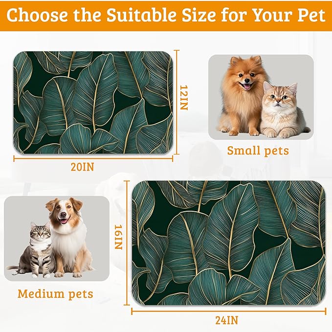 Tropical Palm Feeding Mat,Green Leaves Absorbent Quick-Dry Cat Dog Food and Water Bowl Mats,Non-Slip Rubber Backing Mat,Cat Dog Accessories Supplies 16" x 24"