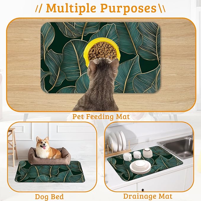 Tropical Palm Feeding Mat,Green Leaves Absorbent Quick-Dry Cat Dog Food and Water Bowl Mats,Non-Slip Rubber Backing Mat,Cat Dog Accessories Supplies 16" x 24"
