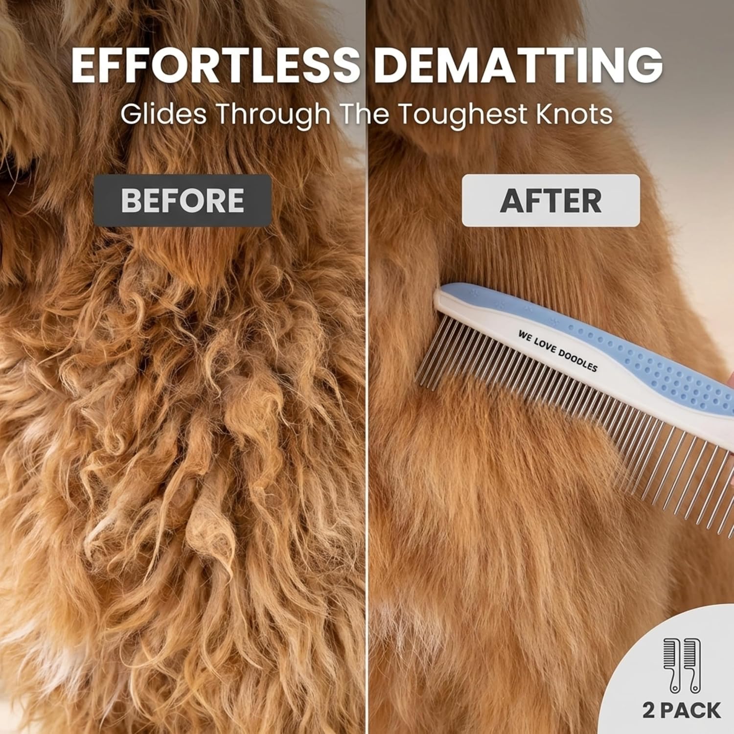 Metal Comb for Dogs, Dog Grooming Detangler Combs For Matted Hair, 2 Pack | Best Comb for Golden Doodles & Poodles, For Dematting & Detangling Pets And Cats, Fine Tooth Stainless Steel Greyhound Comb