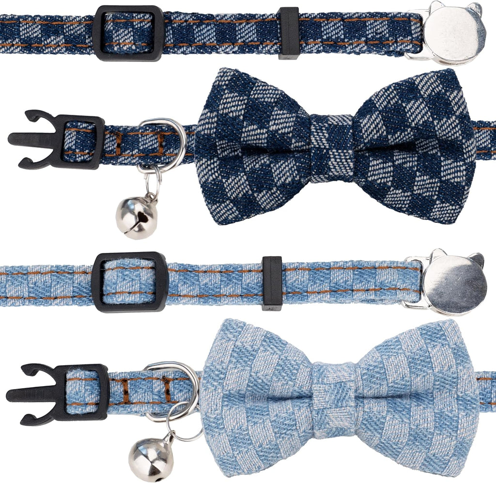 Cat Collar Breakaway Bowtie Safety with Bell Adjustbale Kitten Puppy Solid Plaid Color Set O-[2pcs] Denim