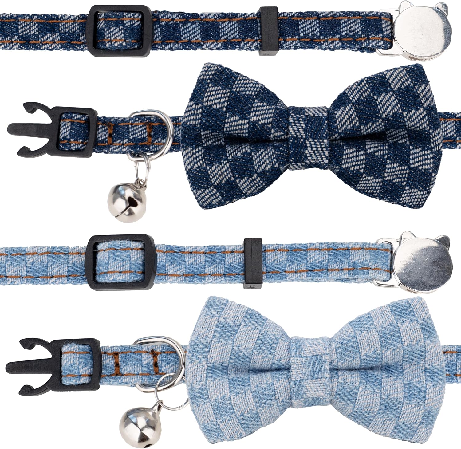 Cat Collar Breakaway Bowtie Safety with Bell Adjustbale Kitten Puppy Solid Plaid Color Set O-[2pcs] Denim