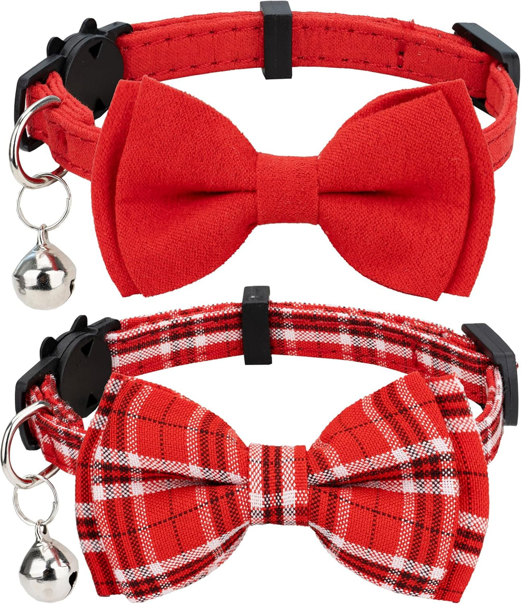 Cat Collar Breakaway Bowtie Safety with Bell Adjustbale Kitten Puppy Solid Plaid Color Set J-[2pcs] Red