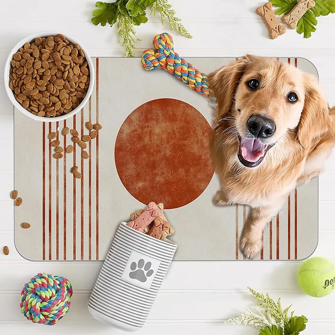 Sun Boho Dog Food Mat for Floors,Absorbent Quick-Dry Pet Feeding Mat, Cat Dog Bowl Mats for Food and Water, Non-Slip Pet Accessories Supplies 16"x24"