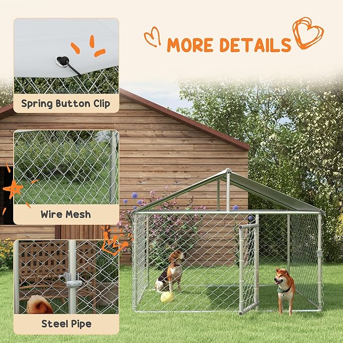 PawHut Outdoor Dog Kennel, Heavy Duty Dog Run Outdoor Fence with Waterproof Cover, Galvanized Chain Link, Secure Lock, for Large Breeds, Chickens, Ducks, 6.5' x 6.5' x 5'