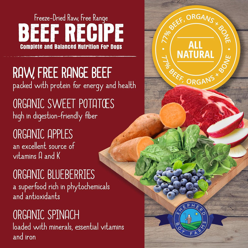 Shepherd Boy Farms Freeze Dried Dog Food - Beef Recipe, USA Made 14 oz | Raw, High Protein, Complete and Balanced Meal, For All Life Stages, Includes Goat Milk, Zero Synthetic Vitamins or Minerals