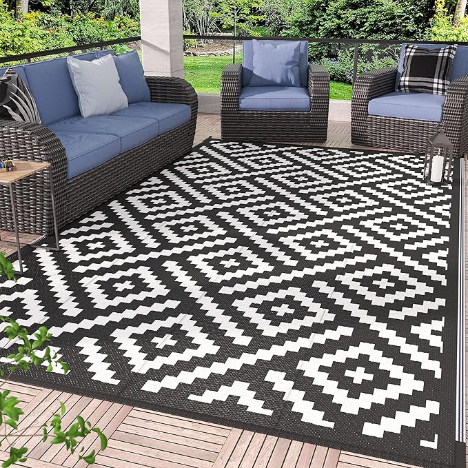 GENIMO Outdoor Rug for Patio Clearance,6'x9' Waterproof Mat,Reversible Plastic Camping Rugs,Rv,Deck,Porch,Camper,Balcony,Backyard,Black & White