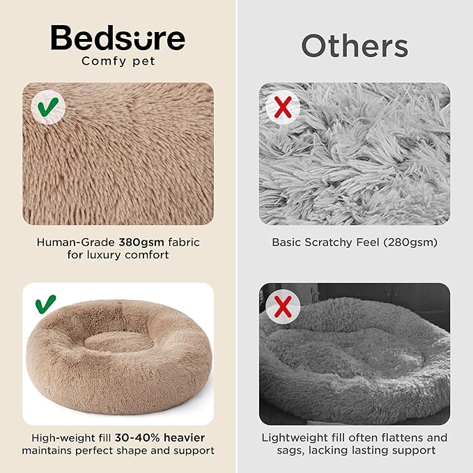 Bedsure Calming Dog Bed for Small Medium Dogs - Donut Washable Medium Puppy Bed, 27 inches Anti-Slip Round Fluffy Plush Faux Fur Pet Bed, Camel